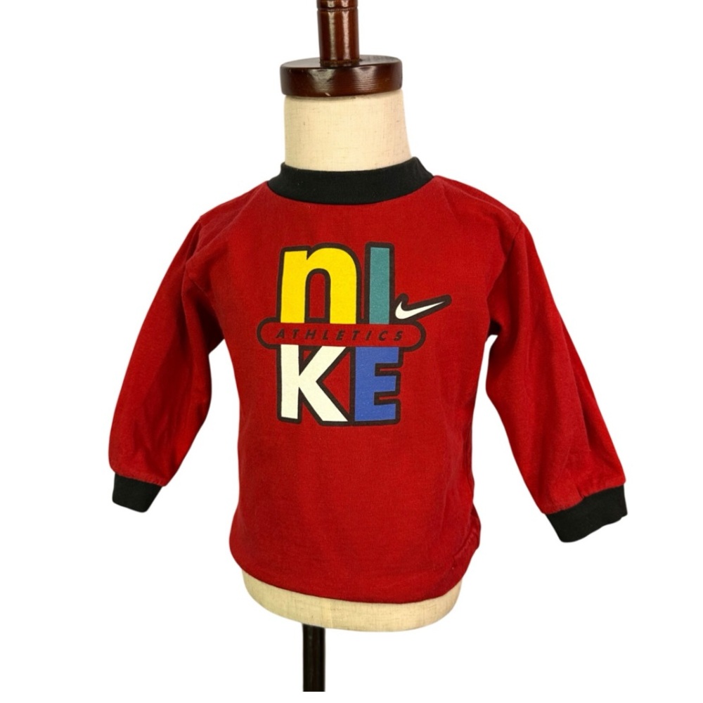 Vintage Toddler Kids 90s Y2Ks Red Long Sleeve Nike Logo Graphic T-Shirt 18M